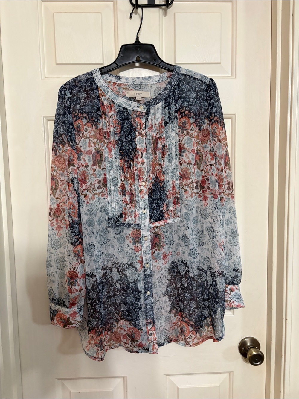 LOFT Floral Sheer Button-Front Blouse in Navy & Coral